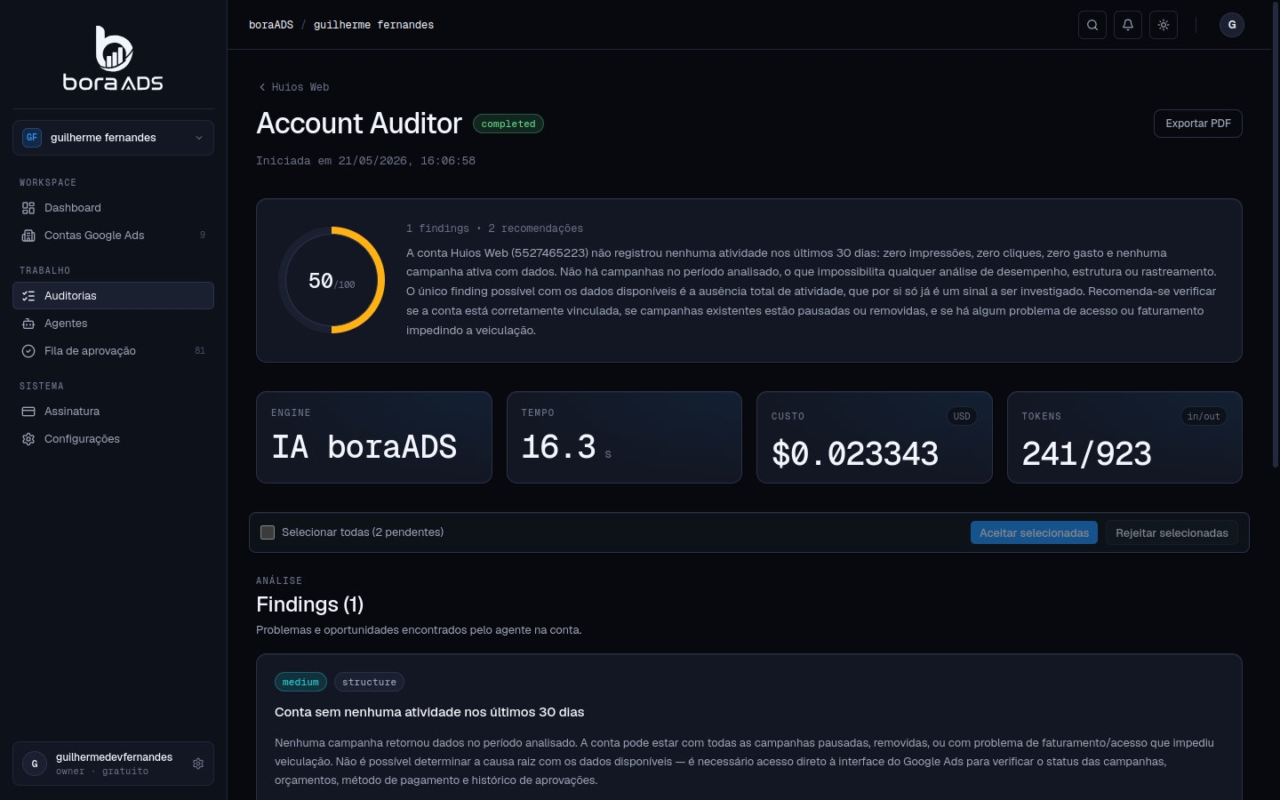 Painel do agente Account Auditor no boraADS — o raio-x da sua conta
