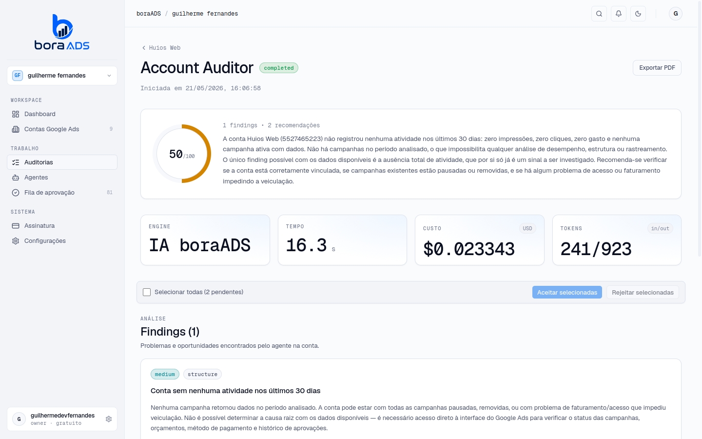 Painel do agente Account Auditor no boraADS — o raio-x da sua conta