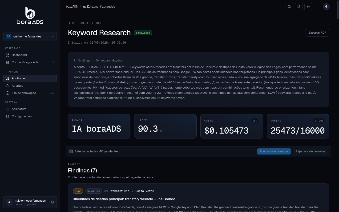 Painel do agente Keyword Research no boraADS — encontra palavras que ninguém viu