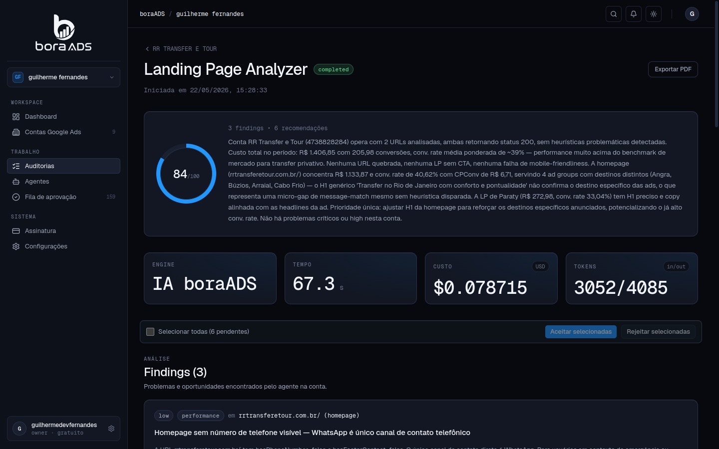 Painel do agente Landing Page Analyzer no boraADS — onde a conversão morre