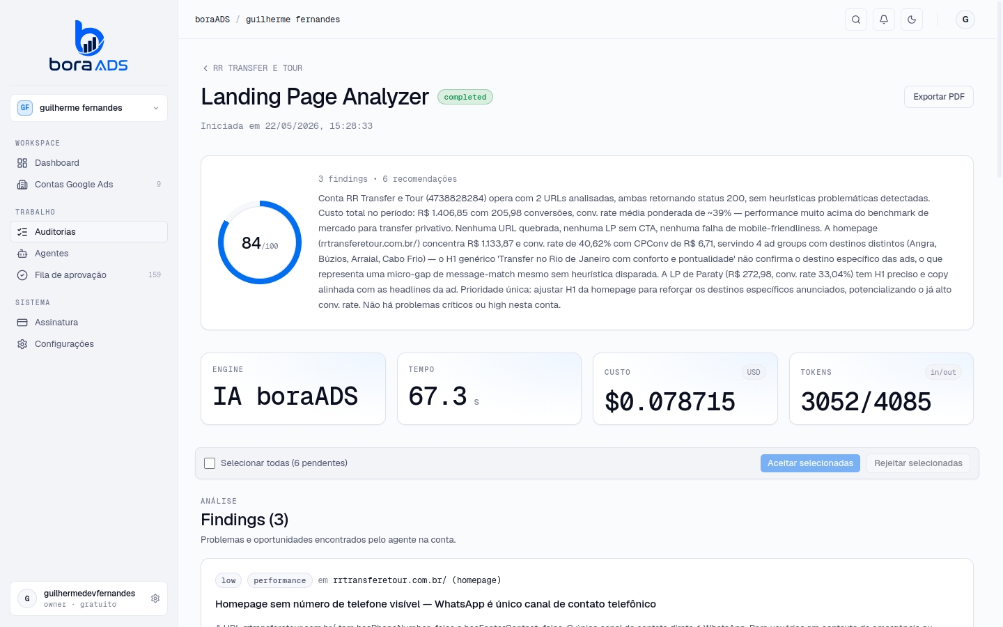 Painel do agente Landing Page Analyzer no boraADS — onde a conversão morre