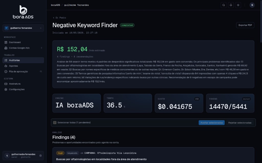Painel do agente Negative Keyword Finder no boraADS — estanca a sangria