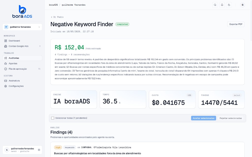 Painel do agente Negative Keyword Finder no boraADS — estanca a sangria