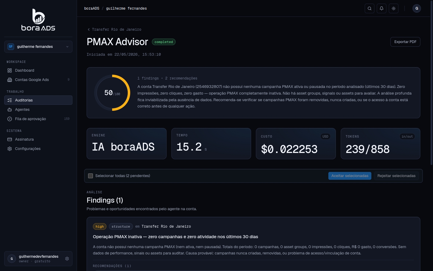Painel do agente PMAX Advisor no boraADS — desbloqueia a caixa-preta