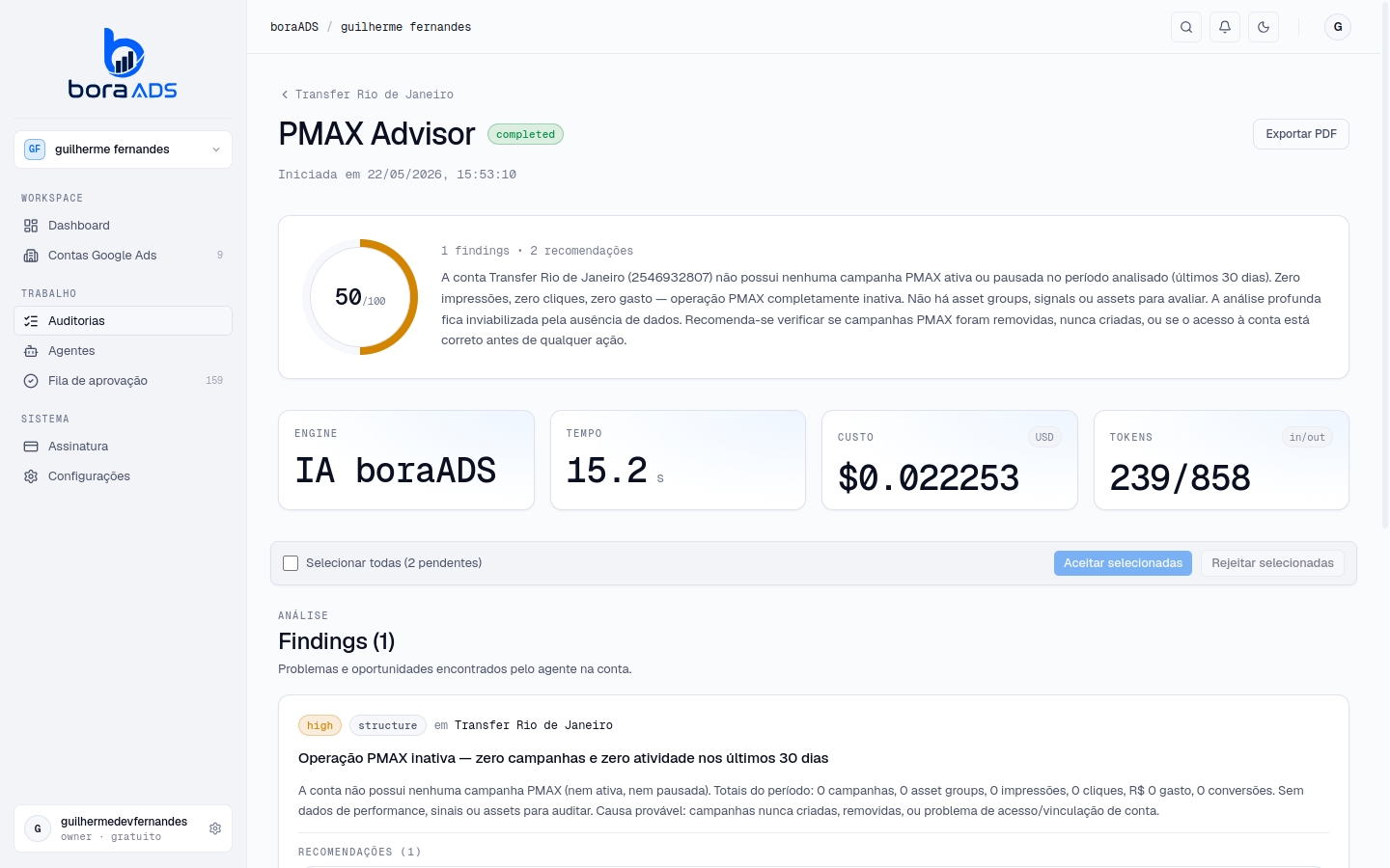 Painel do agente PMAX Advisor no boraADS — desbloqueia a caixa-preta