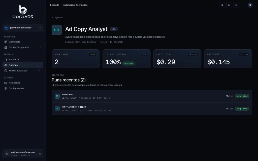 Tela do Ad Copy Analyst do boraADS com diff de títulos e descrições propostos para um RSA