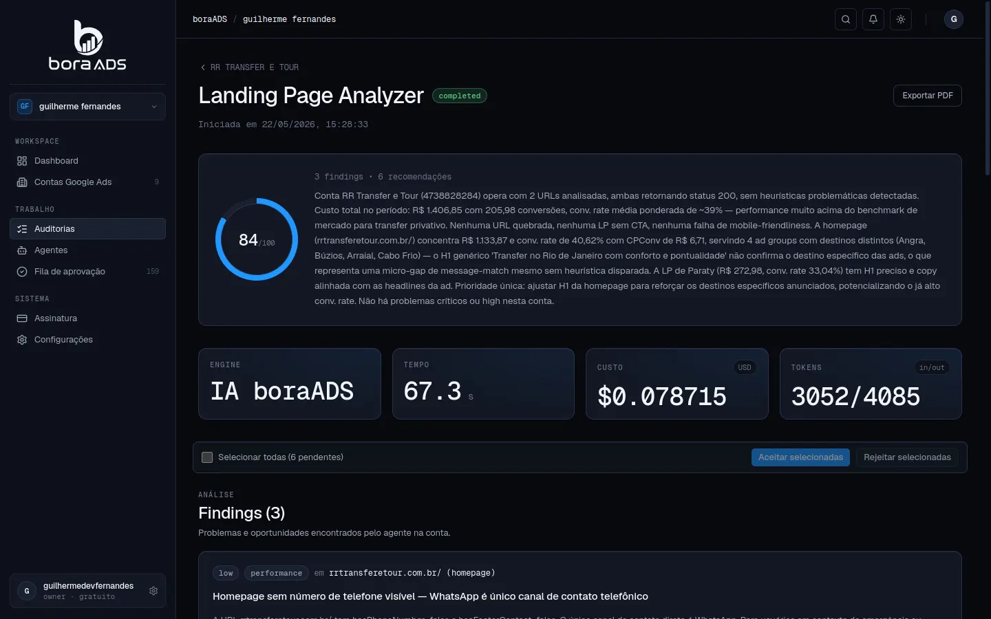 Tela do Landing Page Analyzer do boraADS com avaliação de correspondência de mensagem e CTA das páginas de destino