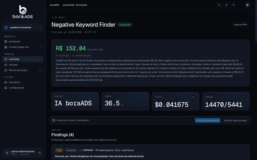 Tela do Negative Keyword Finder do boraADS listando termos de pesquisa com desperdício e negativas propostas