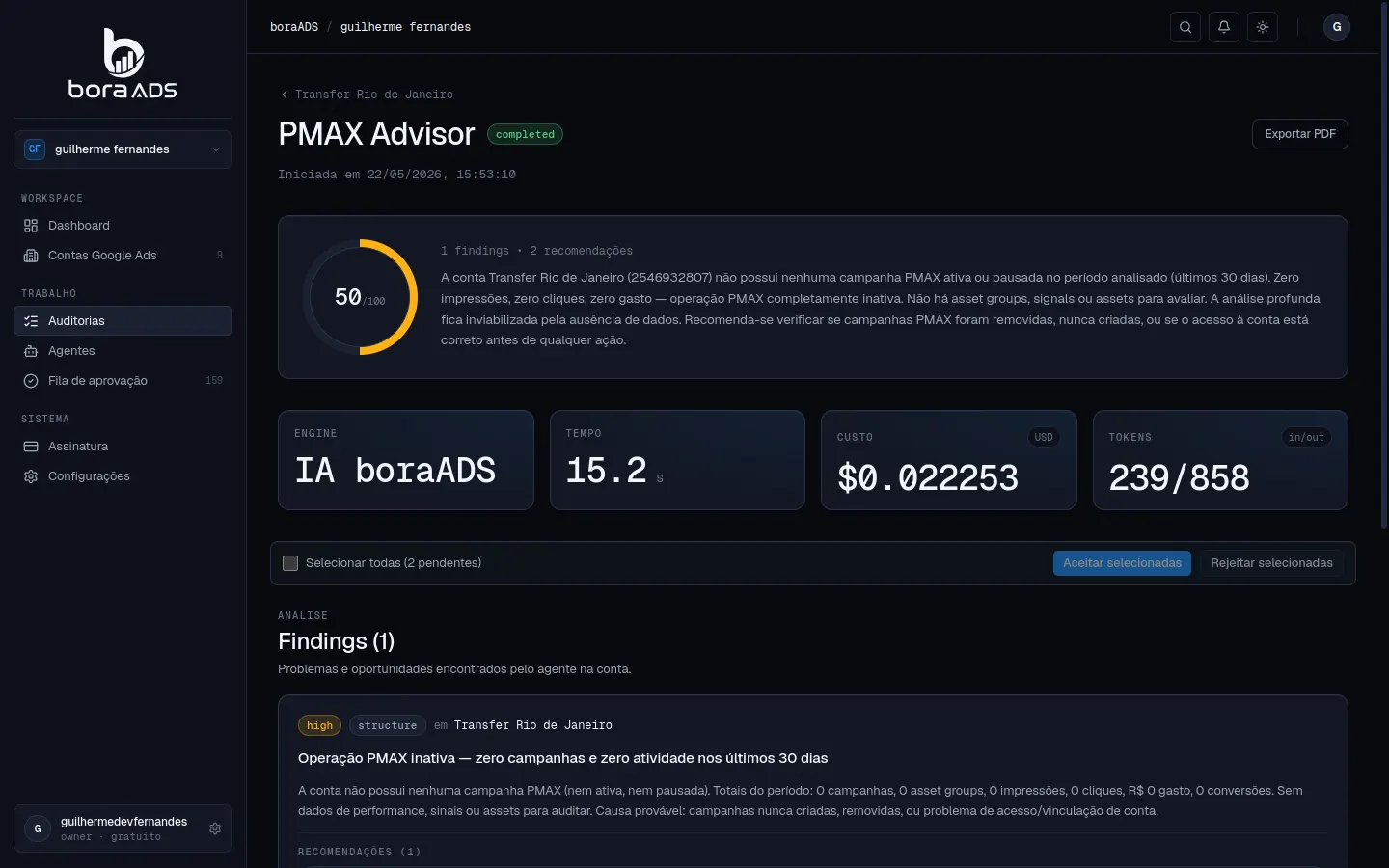 Tela do PMAX Advisor do boraADS com auditoria de asset groups, search themes e ROAS de Performance Max