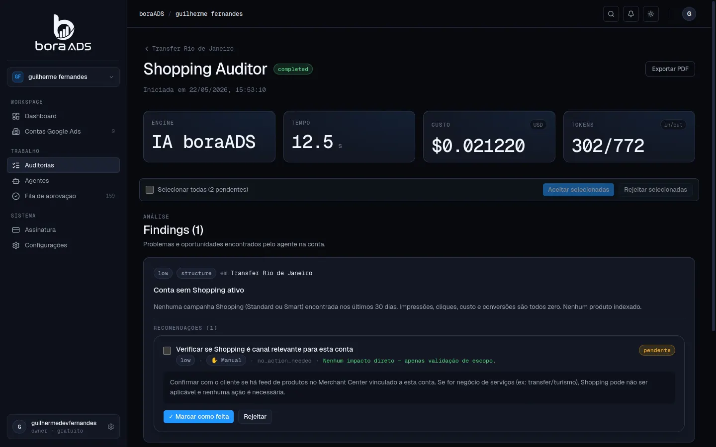 Tela do Shopping Auditor do boraADS com performance por produto e achados de qualidade de feed