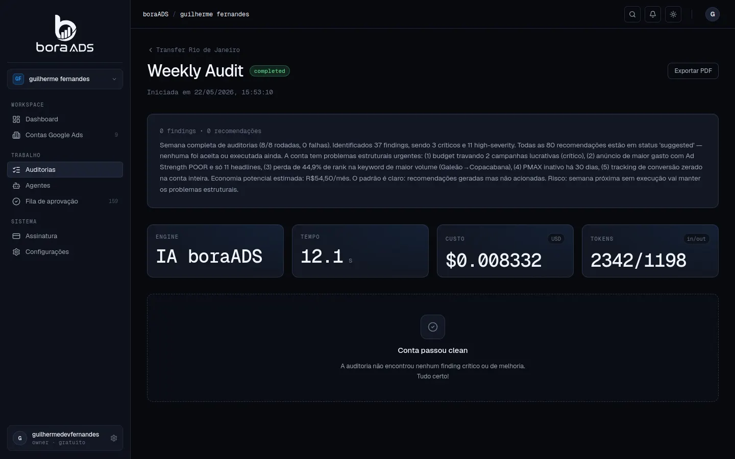Tela do Weekly Audit do boraADS com resumo executivo semanal, tendência e alertas da conta