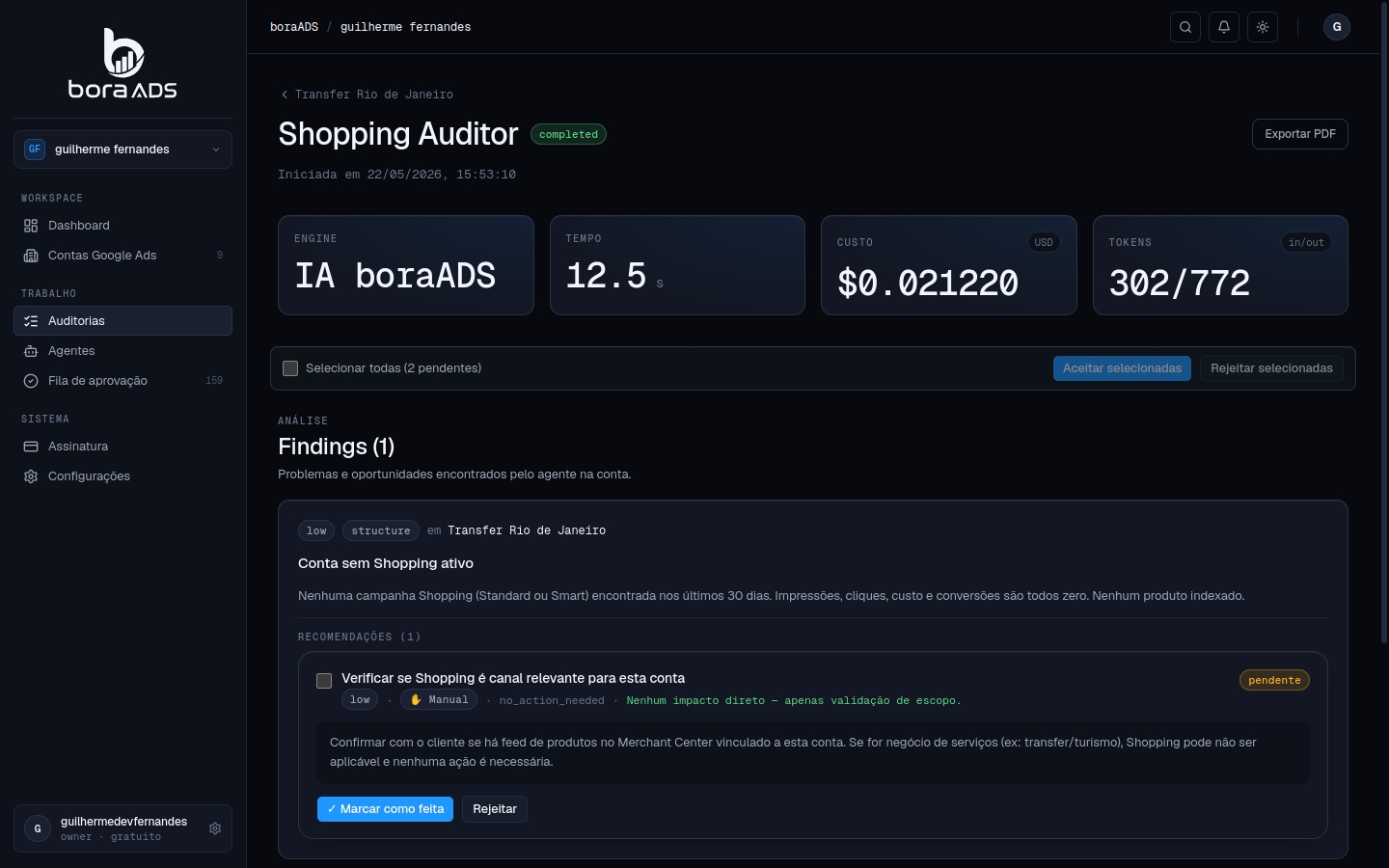 Painel do agente Shopping Auditor no boraADS — varejo sob raio-x