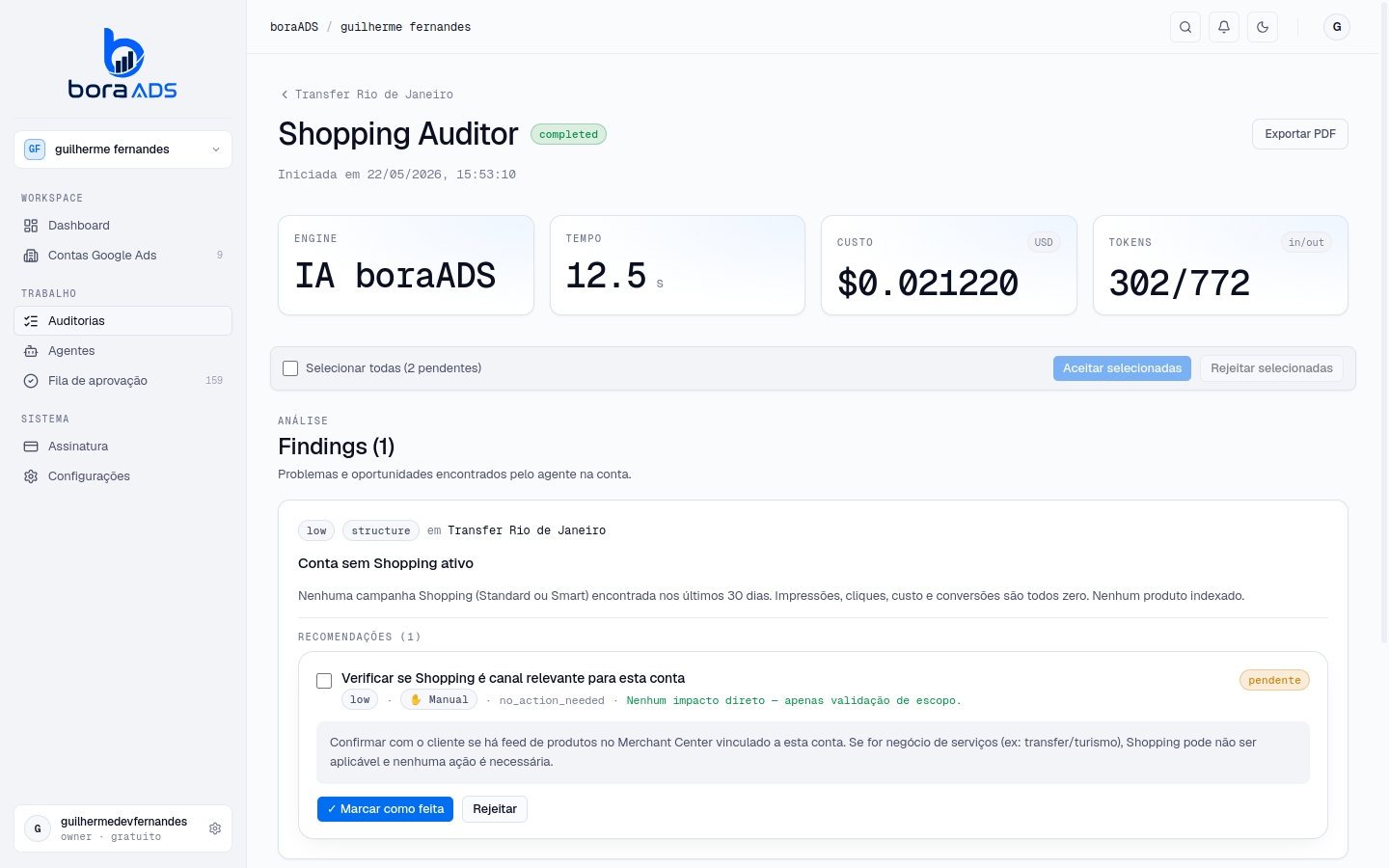 Painel do agente Shopping Auditor no boraADS — varejo sob raio-x